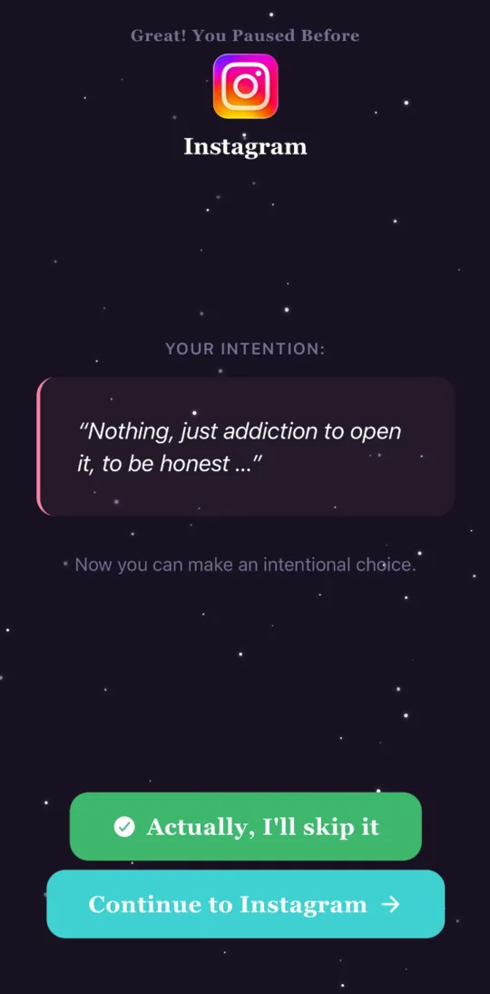 The choice screen, showing Continue to app and Step away side by side.